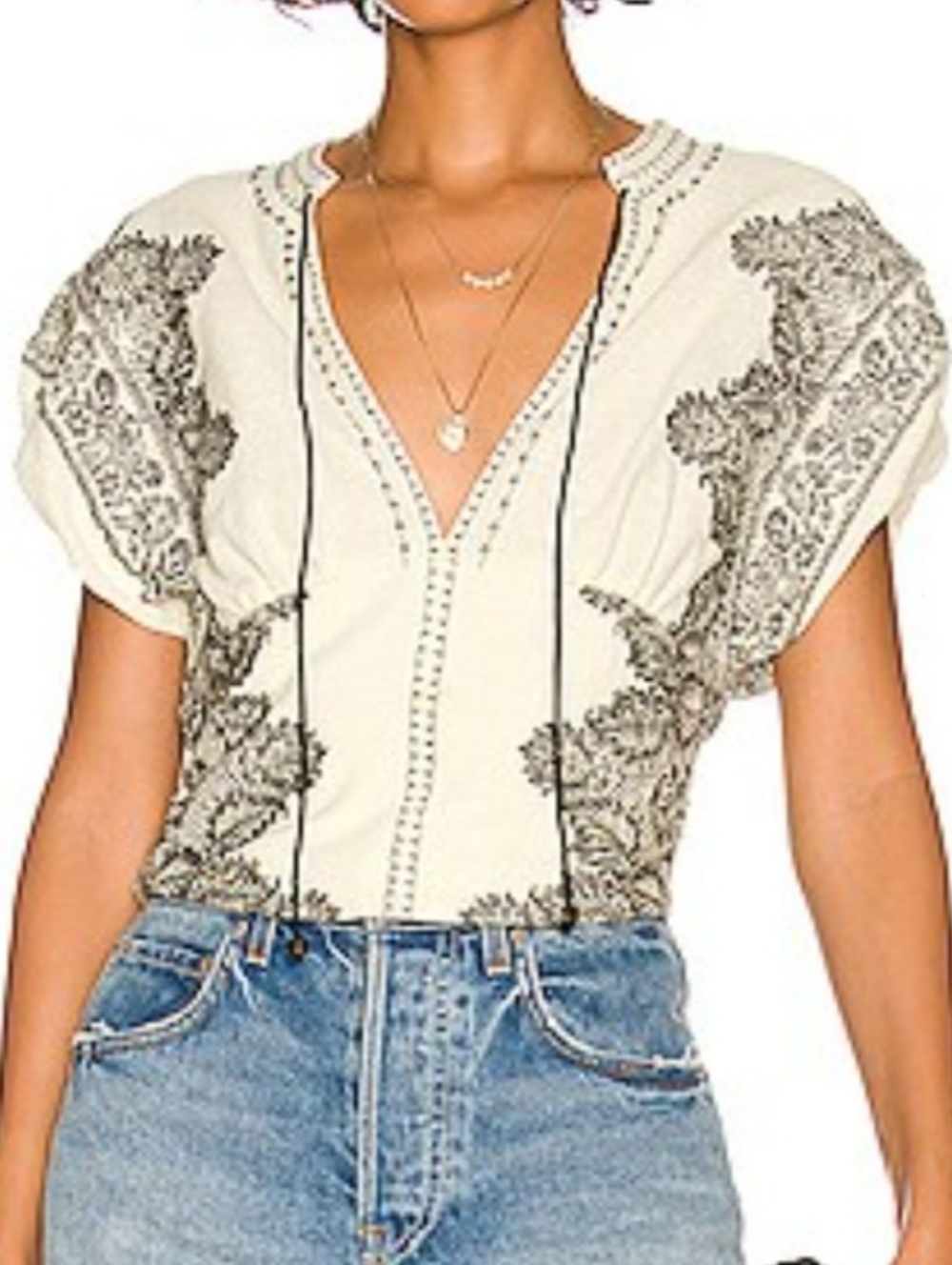 Free People Cream Boho Embroidered V-Neck Blouse